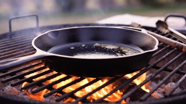 Cast iron skillet heating with oil on a hot charcoal grill outdoors