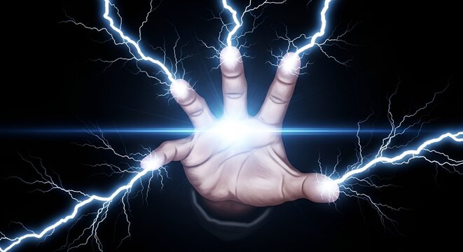 hand emitting energy, electric power, lightning bolts on dark background