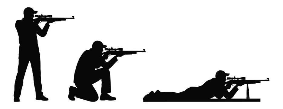 Silhouettes of shooters in various positions aiming rifles.