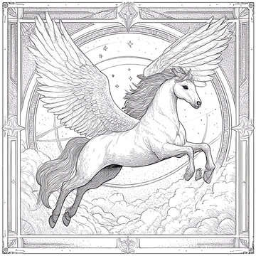 coloring page for adults, pegasus in the sky with clouds, clean line art, mandala background, highly detailed.