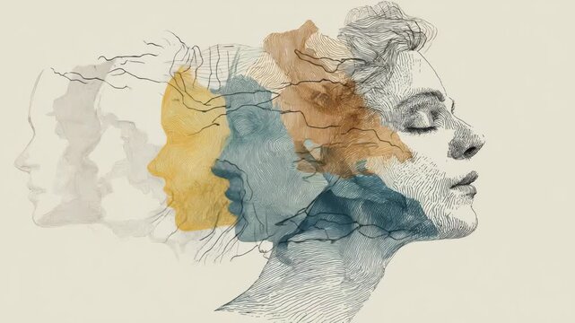 Animation Illustration of a Woman with several faces facing in the opposite direction. Symbolizing Anxiety, Depression, and Stress