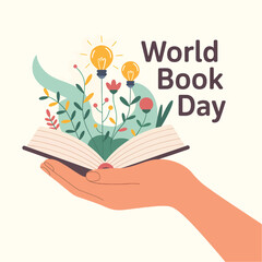 Hand holding open book with growing flowers and light bulbs for Book Day