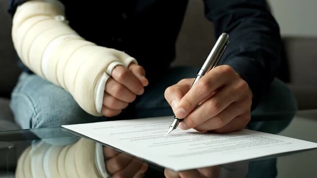 Close-up of a person with a cast on one arm filling out paperwork for an insurance claim.