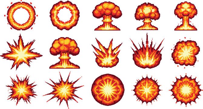 Pixel Art Explosion And Fire Burst Mega Set With Nuclear Mushroom Clouds And Impact Effects For Retro Game Graphics