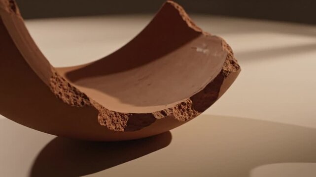 Close-up of a broken brown ceramic bowl on a reflective surface with warm lighting and a minimalist background.