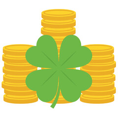 Lucky Money Coin Stacks With Four-Leaf Clover. Wealth, Luck, and Prosperity Image