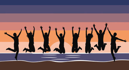 Group Of Friends Jumping At Sunset On The Beach With Colorful Striped Sky