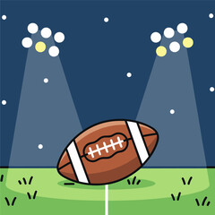 Football Field At Night. Spotlight On A Lone American Football Ball On Green Grass