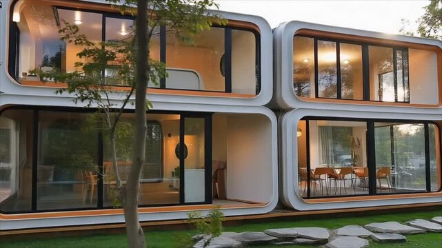 Modern modular residential building or hotel with multiple rooms inside, offering innovative housing architecture and sustainable living solution