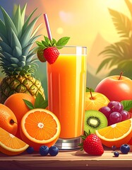 Fresh fruit juice glass with pineapple oranges and other fruits on display