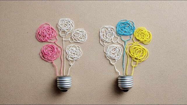 Vibrant light bulb surrounded by colorful yarn representing diverse ideas and collaborative thinking in innovation.