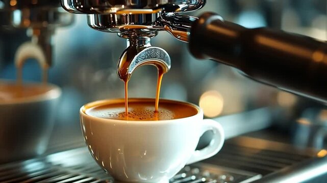 Coffee pouring process in espresso machine. Close up shot of hot fresh espresso flowing into a white cup. Barista equipment.