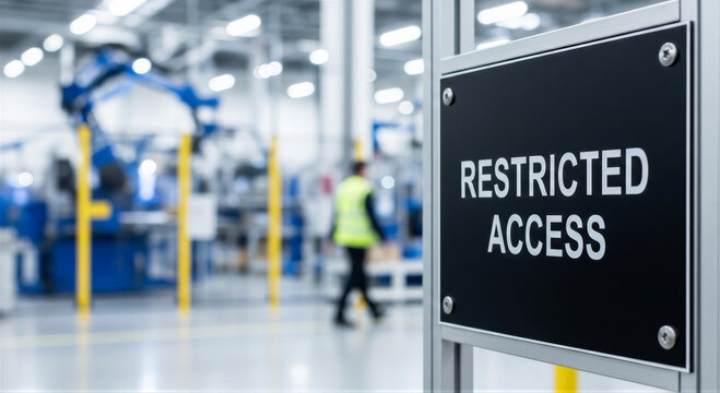 Restricted access sign in industrial warehouse environment with blurred worker in background