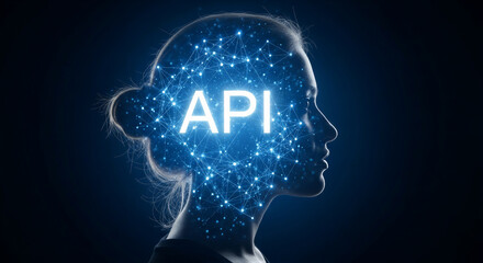 Silhouette of a person with glowing api text and digital network effect on dark background