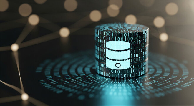 Futuristic digital database concept with glowing binary code and network connections in technology
