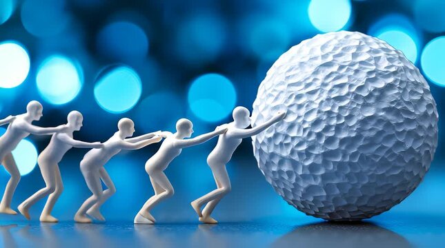 Abstract human figure teamwork collaboration quantum computing concept metaphorical progress innovation technology unity with miniature figure