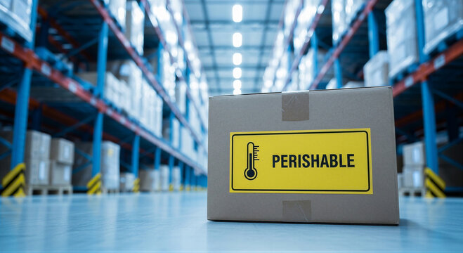 Perishable goods cardboard box in a large warehouse with shelves filled with products in the background