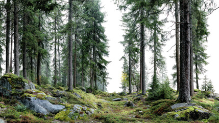 Obraz premium Serene forest scene with tall pine trees and lush greenery