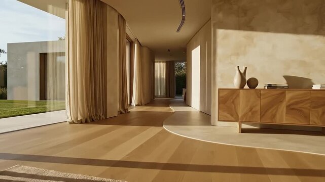 a cinematic photo of a Soft-power luxury residence interior in daylight, with warm neutral architecture, flowing spatial composition, and restrained high-end furniture, where sunlight shapes volumes.