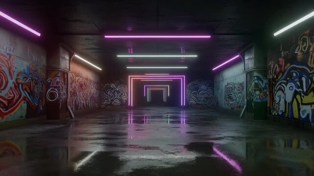 Futuristic cyberpunk tunnel with neon lights and colorful graffiti on wet concrete floor