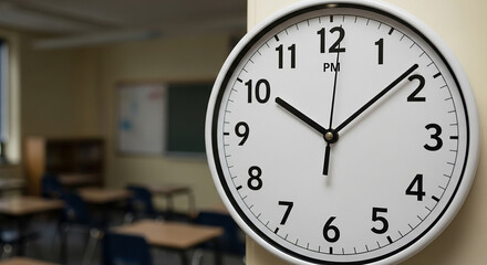 Large white analog clock showing 10:05 P M in a classroom setting white clock black numbers