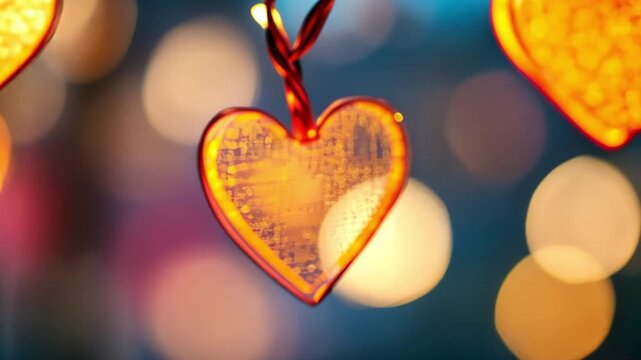 Warm heart shaped string lights glowing with bokeh background. Cozy decorative illumination for celebration.