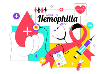 World Hemophilia Day Vector Illustration on April 17 Featuring Red Blood Drops and Global Map for Healthcare Awareness in Cartoon Style Design