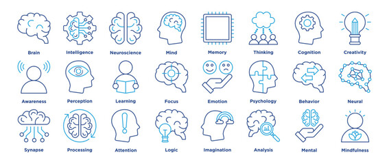 Brain icon collection set. Containing brain, neuroscience, mind, intelligence, memory, thinking, creativity, awareness, learning, focus. vector editable stoke