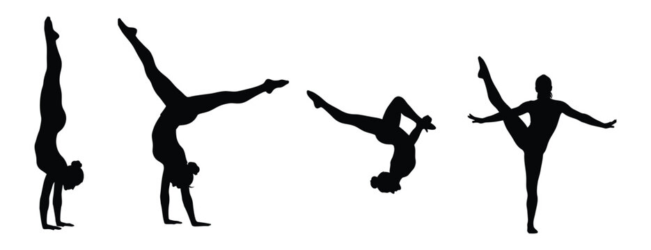 Silhouettes of people performing various gymnastic poses.