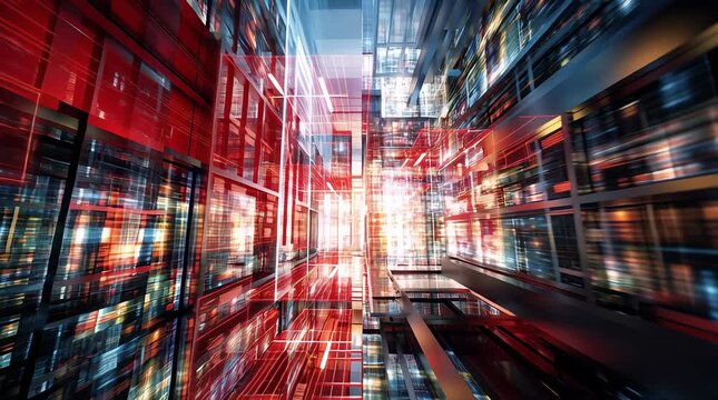 Quantum computing concept data stream abstraction neon light corridor futuristic city digital grid motion blur perspective depth abstract technology