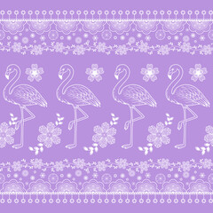 Luxury seamless lace flamingo pattern with elegant floral ornaments and fine line details. Contemporary decorative background in soft purple tones, perfect for fabric, wallpaper, interior design, and 