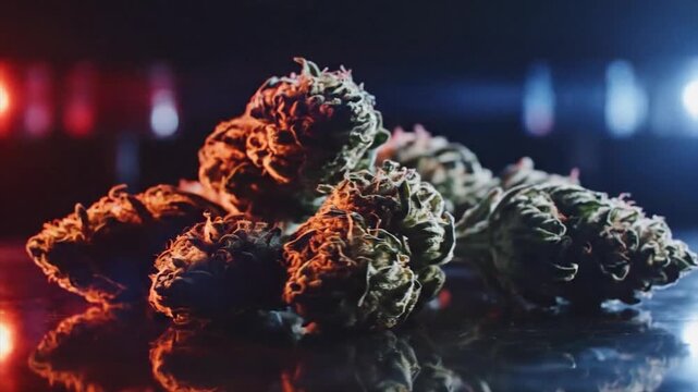 Marijuana buds under police lights symbolizing legal issues.