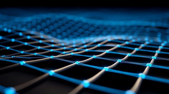 Quantum computing network grid glowing blue node wave futuristic technology background digital wave mesh background quantum network grid computing