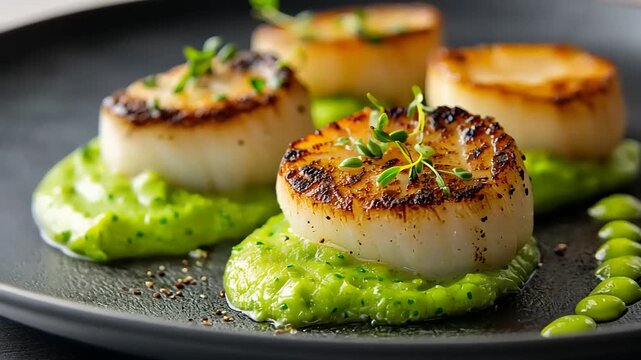Seared scallops on vibrant green puree with herbs