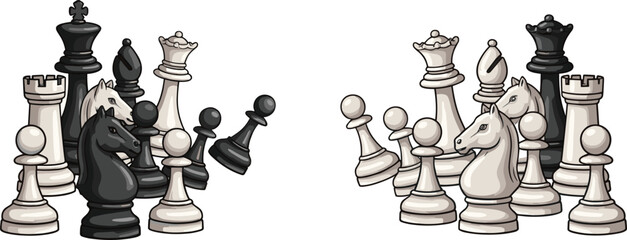 Chess Piece Battle Scene With Black And White King Queen Knight Rook Pawn Figures Facing Each Other In Vector Illustration © MdRazaul