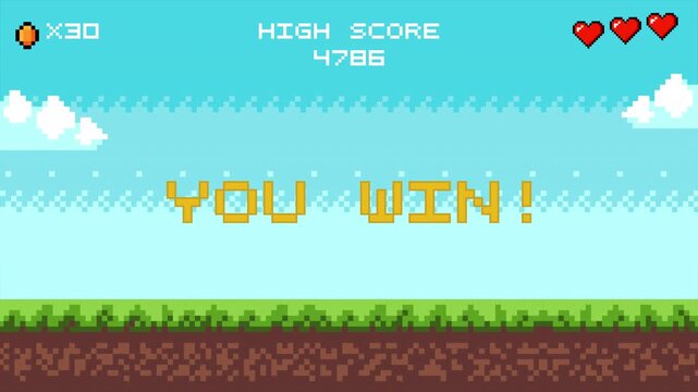  Animated pixel art banner with 'You Win!' text and outdoor landscape background. 4k video