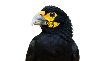 Obraz premium a close-up portrait of a black bird with a distinctive yellow patch around its eye and a large beak against a white background