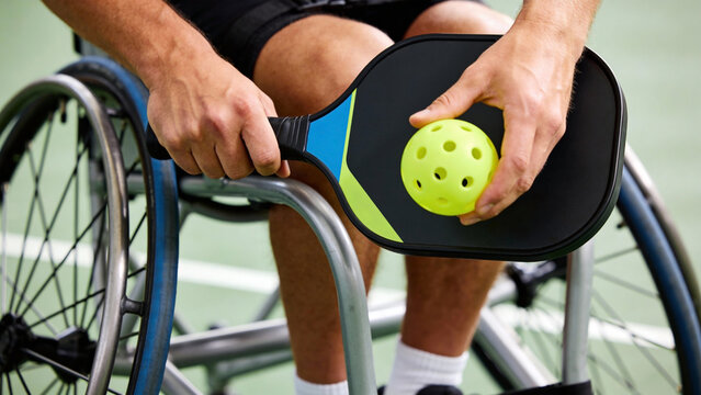 Wheelchair pickleball player holding a paddle and ball on a court for adaptive sports marketing