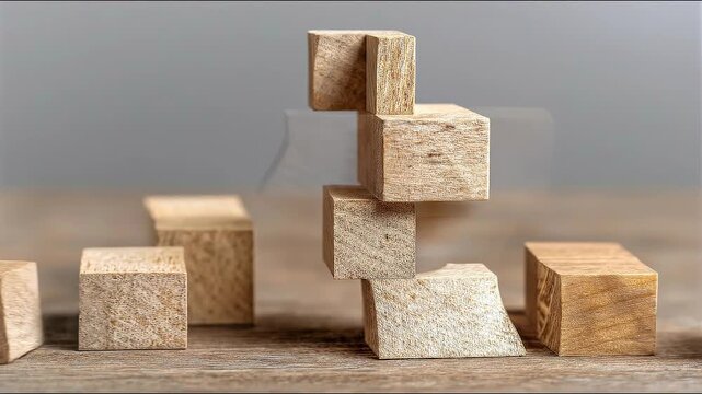 Wooden block with face constructed from additional blocks representing cognitive blockchain consensus and creative design.