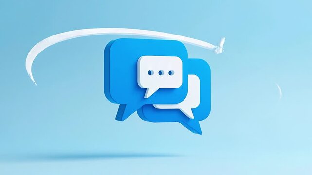 An animated communication icon with chat bubbles, smooth bounce animation, flat vector style, slow floating camera movement, seamless loop