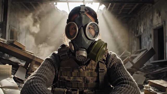 Person wearing gas mask in destroyed building with sun rays.