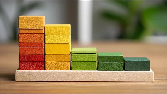 Wooden block stacking demonstrating climate benchmark comparison and visualization for sustainable development concepts.