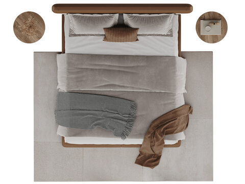 Top View Modern Double Bed with Bedding, Rug and Night Tables Isolated on Transparent Background PNG, Minimalist Bedroom Furniture Cutout