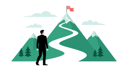 Obraz premium A determined businessman stands at the base of a mountain range with a winding path leading to a flag at the summit, symbolizing success and achievement.