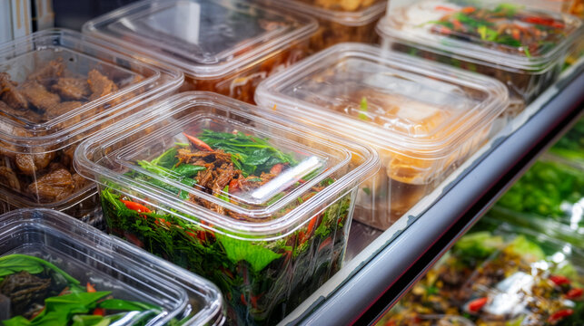 Refrigerated supermarket shelves with Bun Cha in plastic trays.