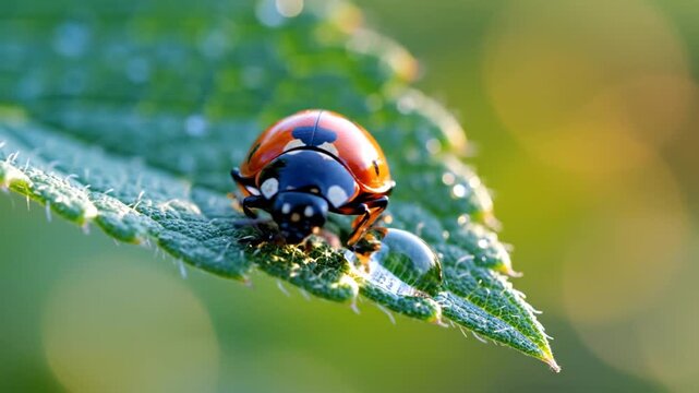 Close-up of a ladybug on a dewy green leaf interacting with a shimmering water droplet in golden morning light.