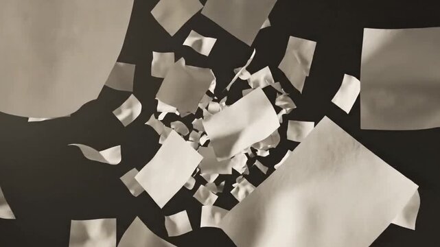 Surreal floating paper sheets in a dark minimal space with cinematic monochrome lighting
