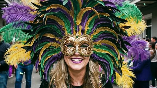 Woman at Mardi Gras parade wearing elaborate feather mask, celebrating holiday festival. Party celebration with people.