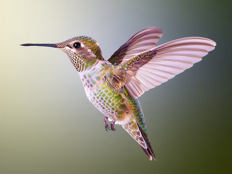 Hummingbird in mid flight with vibrant green and white feathers against a soft gradient background showcasing its delicate beauty and intricate details.