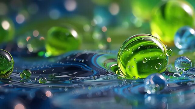 Close up of vibrant green glass spheres and bubbles floating on a textured blue water surface. 
